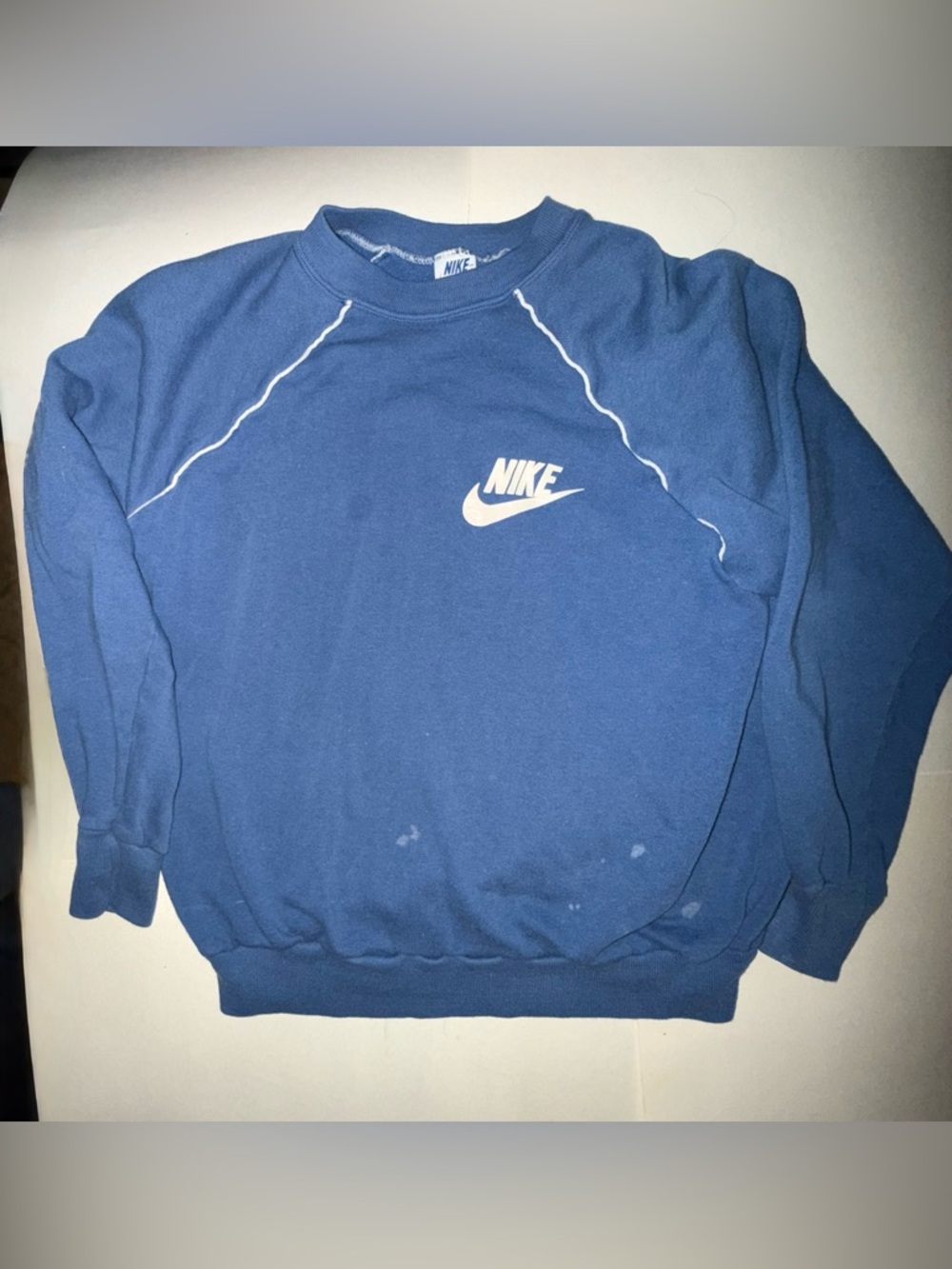 Vtg 80s Nike Blue Raglan Sweatshirt USA L Thrashed Distressed Swoosh orange tag